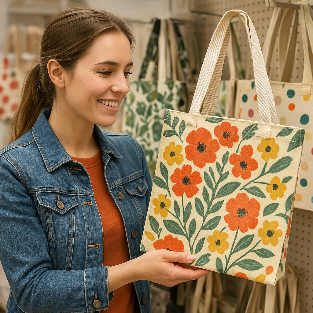 a woman choosing a laminated canvas bag