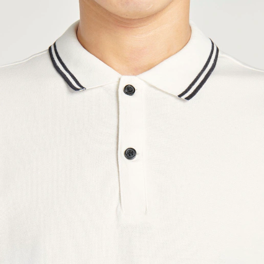 A closeup of accustomed long sleeve polo shirt