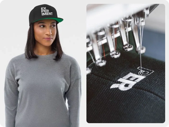 A woman wearing a custom printed hoodie and hat