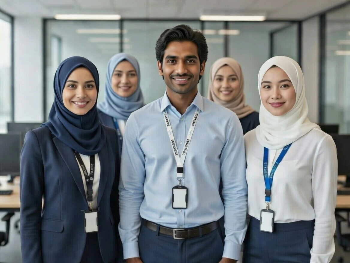 Office staff wearing customized lanyards