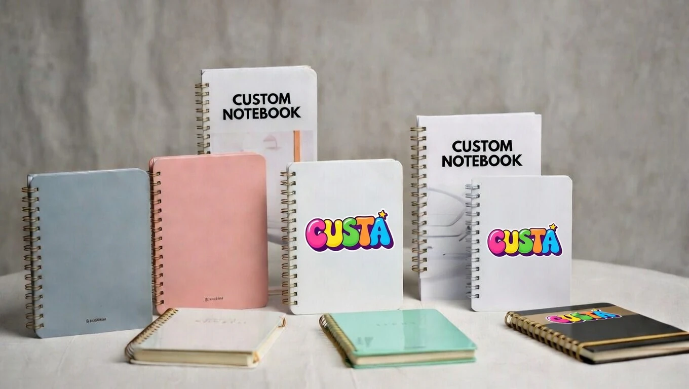 Various customized notebooks on a table