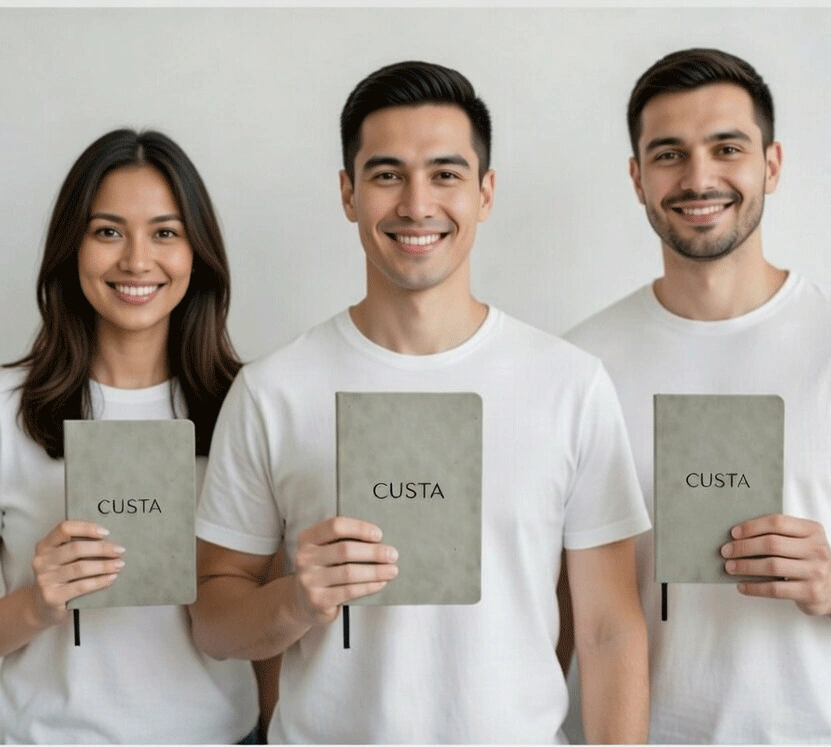 A person holding a custom printed standard notebook