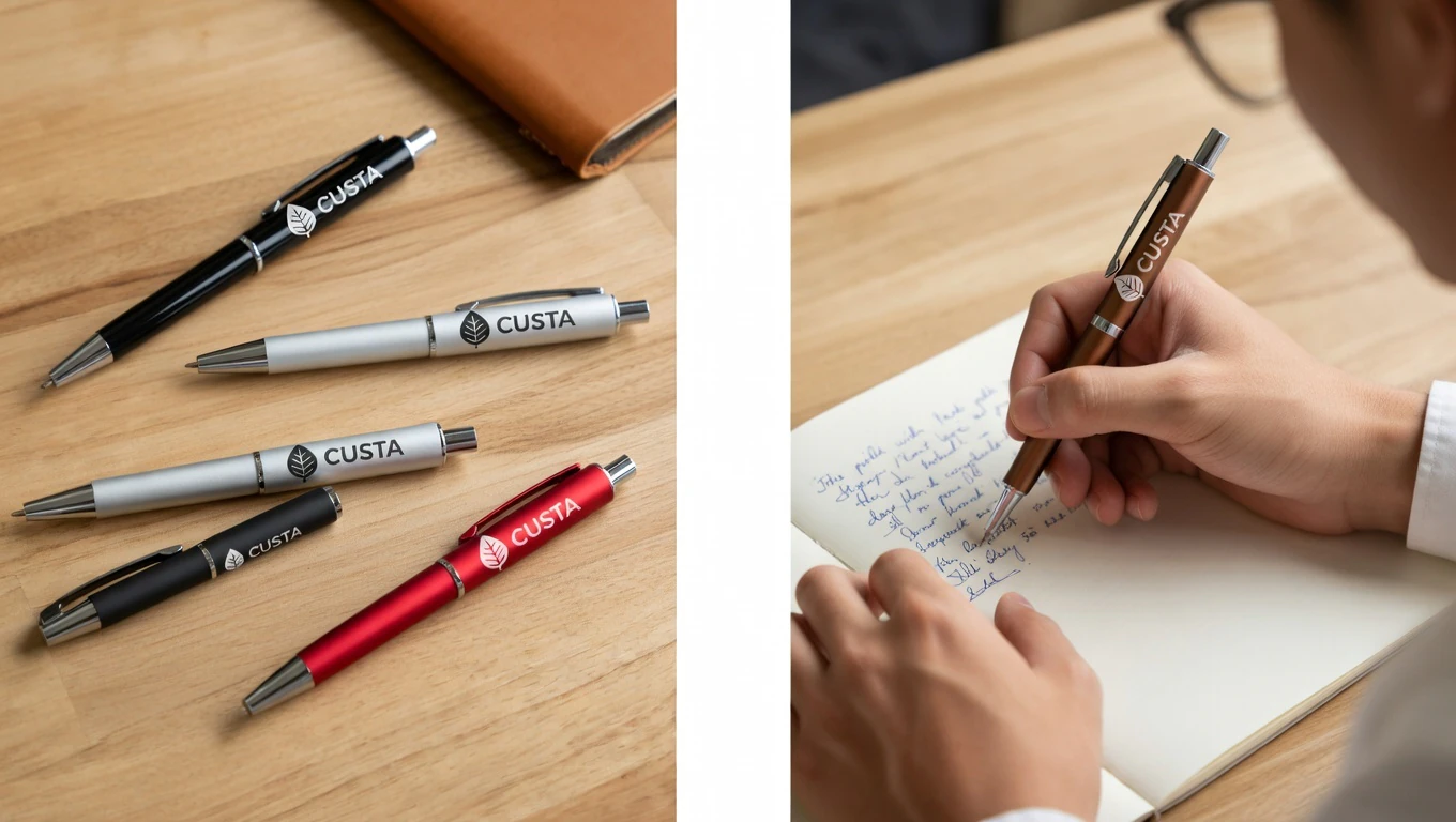 Various types of custom printed pens on the table