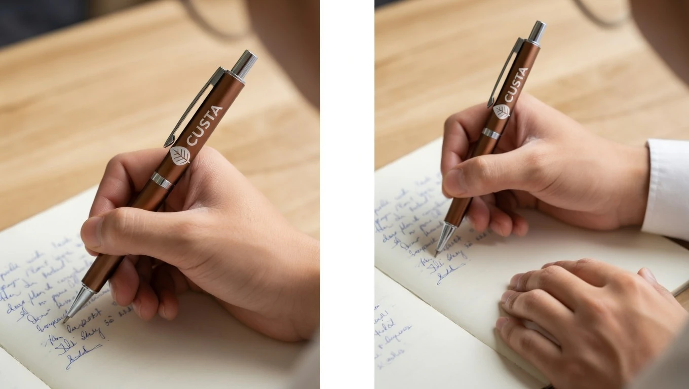 A custom plastic pen closeup on a notebook — CUSTA Singapore