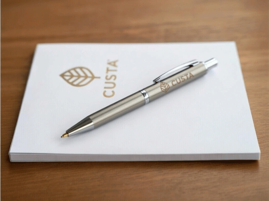A hand holding a custom metal pen — CUSTA Singapore