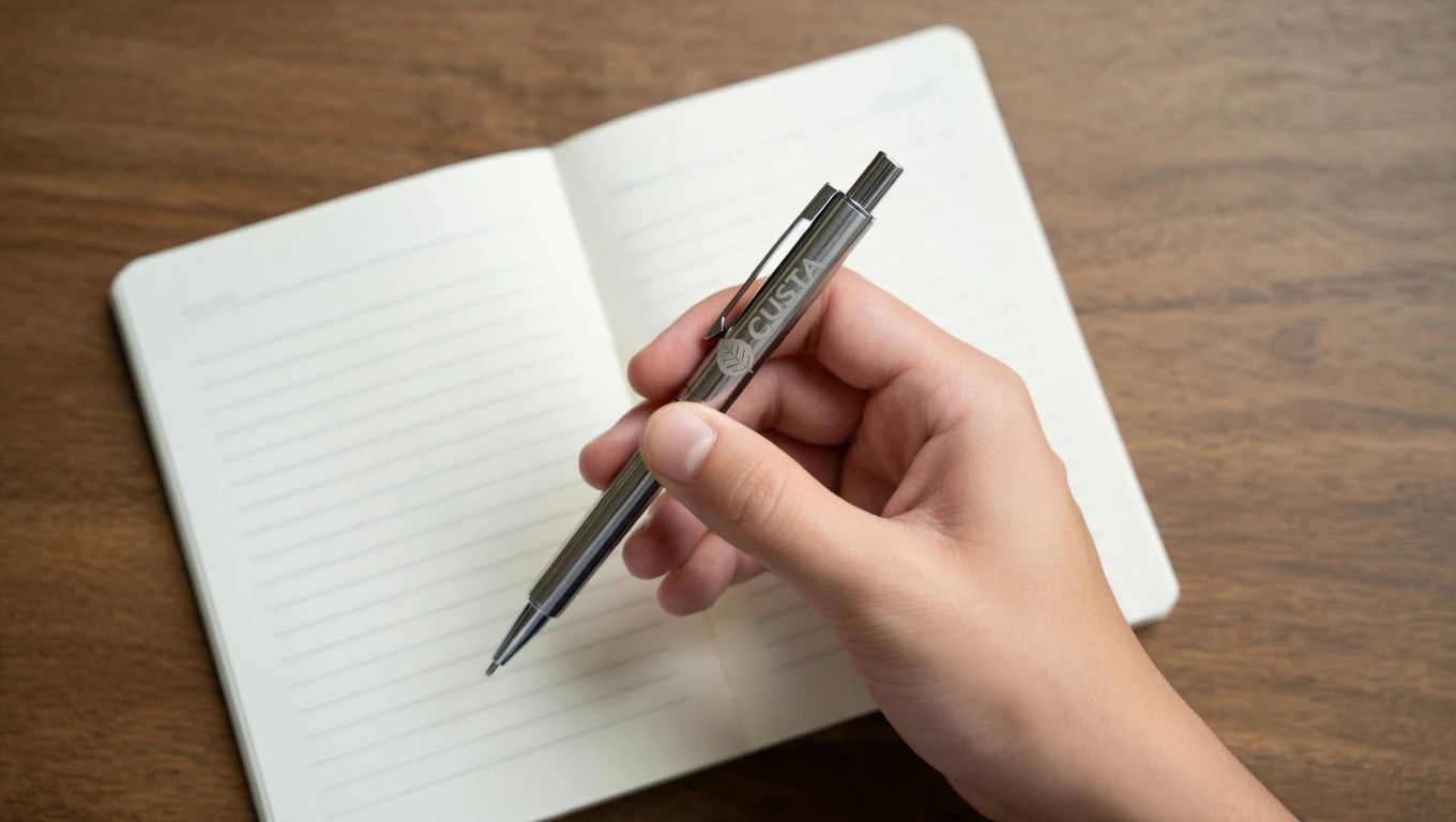A custom aluminium pen resting on a notebook — CUSTA Singapore