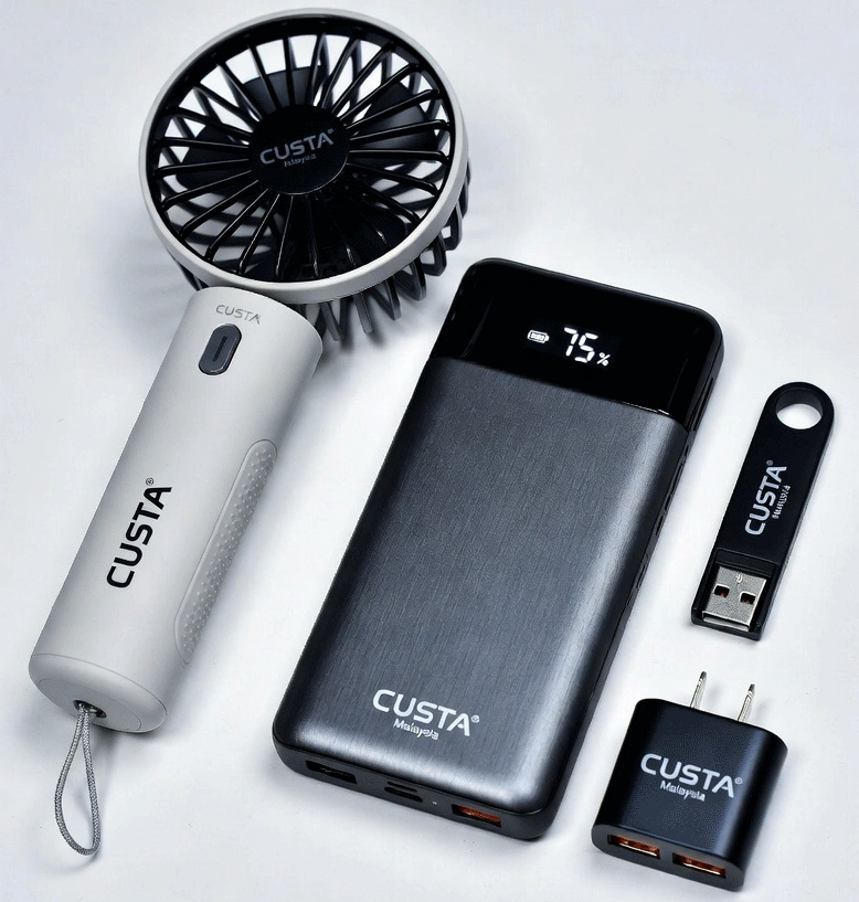 Custom printed portable fan — CUSTA Malaysia branded gadget