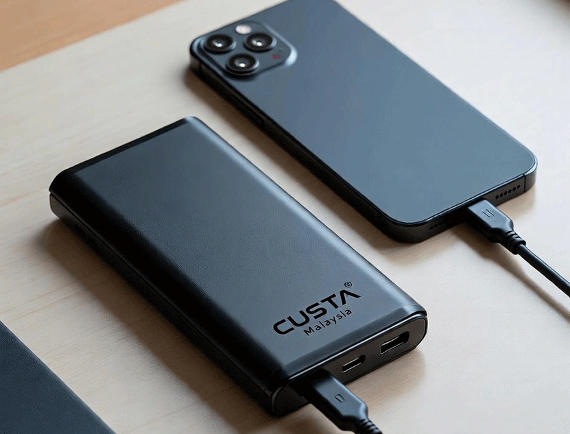 Custom printed power bank on the table — CUSTA Malaysia