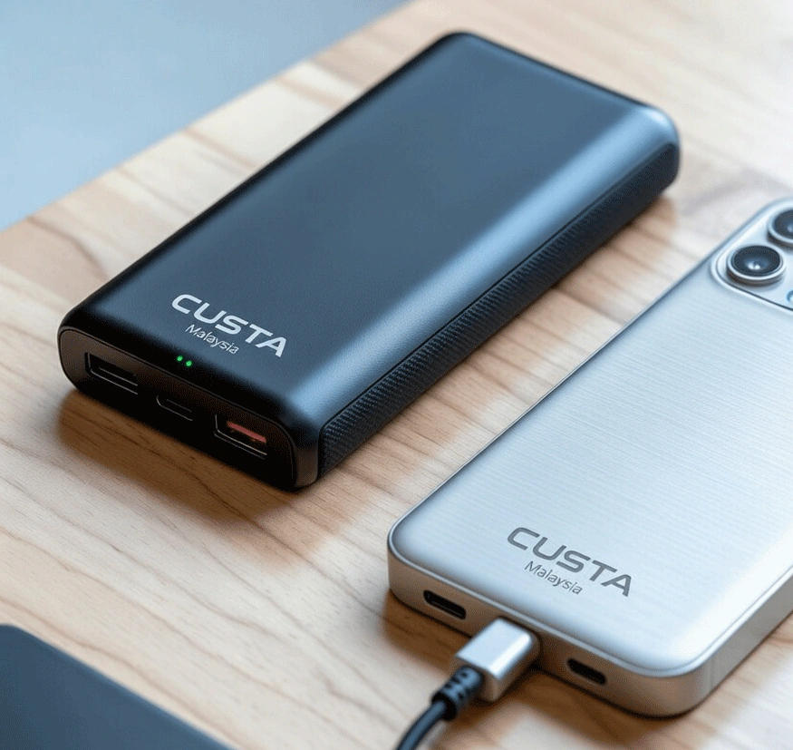 Custom printed power bank charging a phone — CUSTA Malaysia