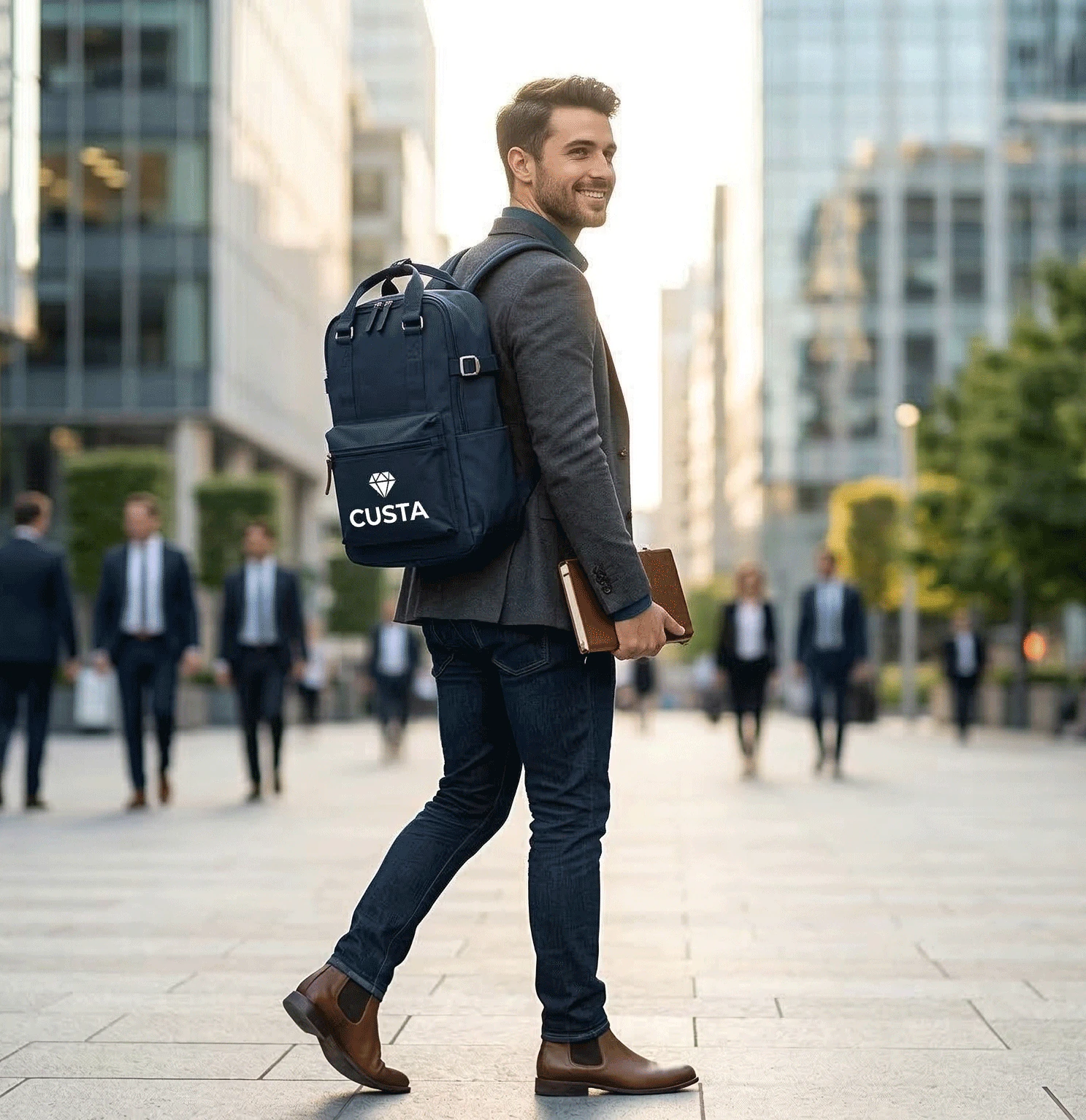 A custom printed backpack worn by a person — CUSTA Malaysia
