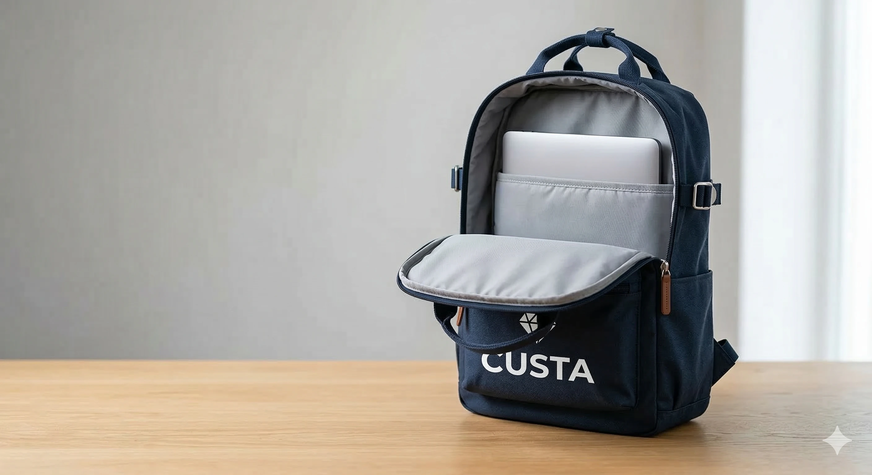 An opened custom laptop backpack with laptop inside — CUSTA Malaysia