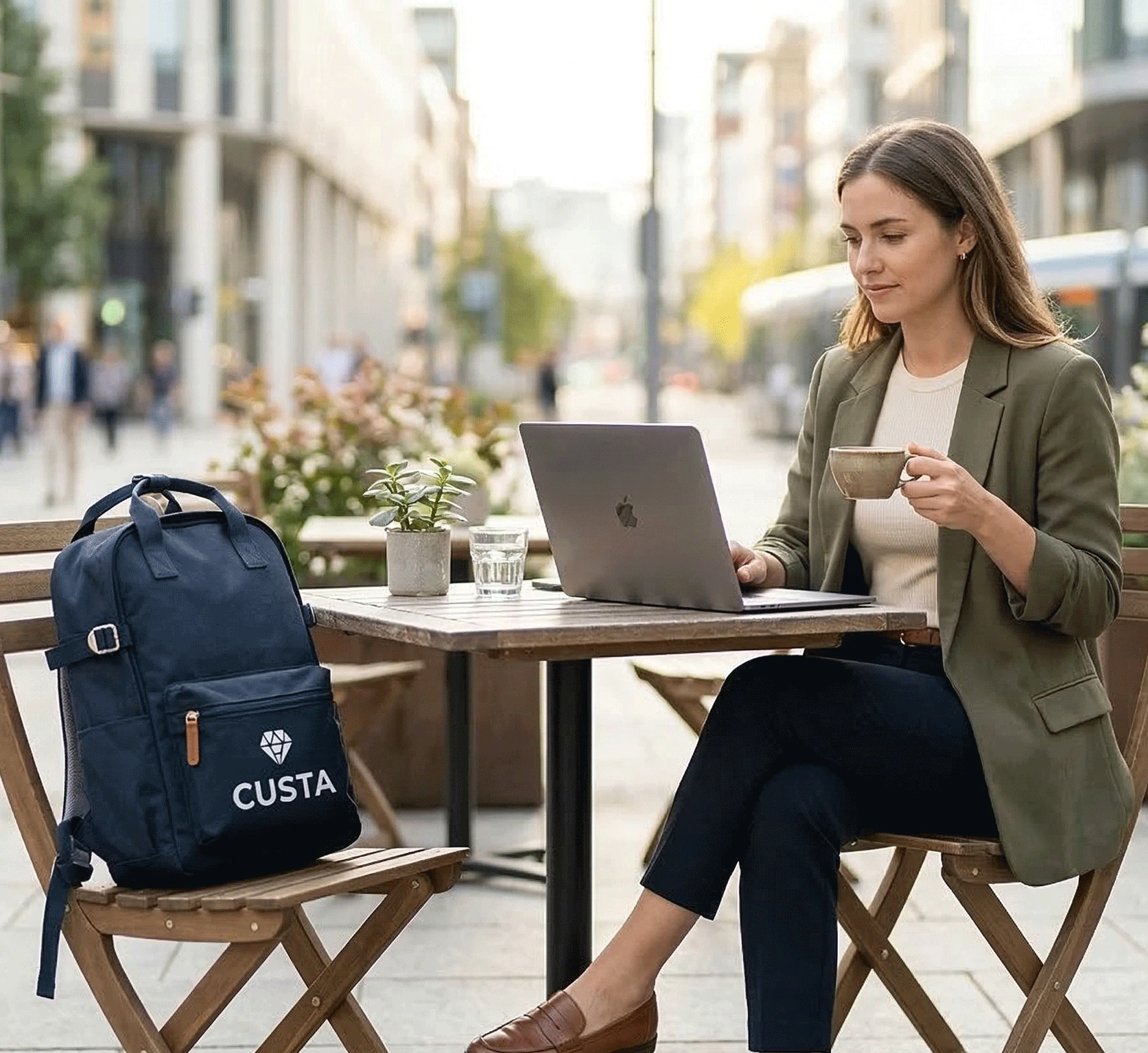 A person using a laptop outdoors with their custom laptop backpack — CUSTA Malaysia