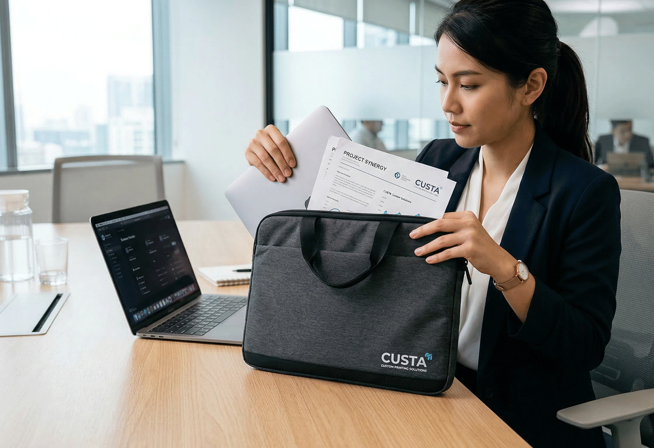 A person fitting a laptop and documents into a custom document bag — CUSTA Malaysia