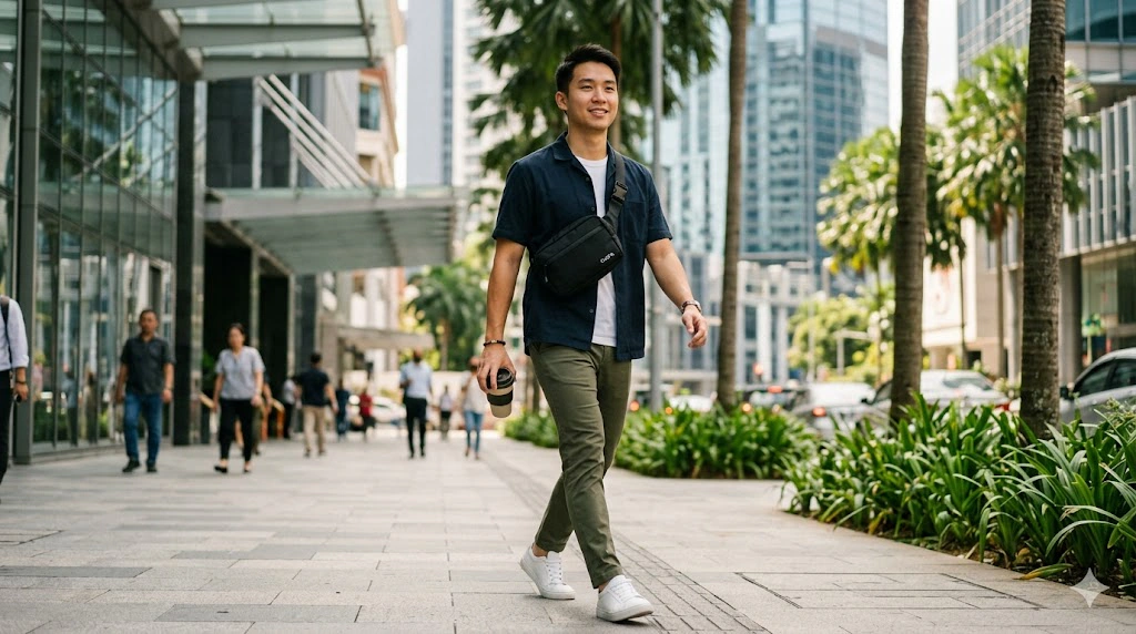 A man wearing a custom printed sling bag — CUSTA Singapore