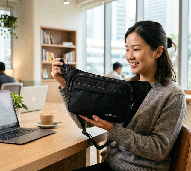 A person holding a custom printed chest bag — CUSTA Singapore