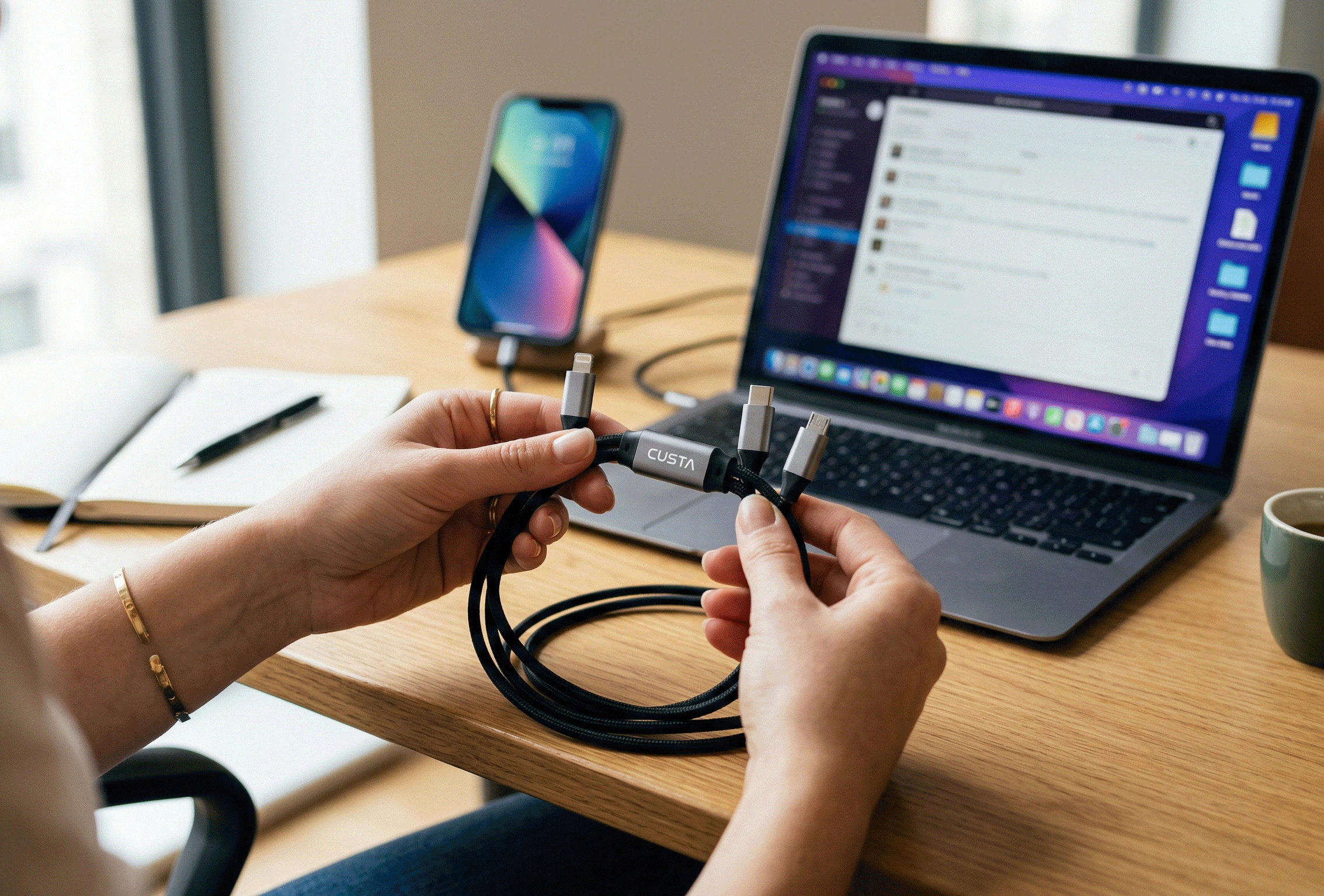 A person charging their smartphone with a custom printed cable charger — CUSTA Malaysia