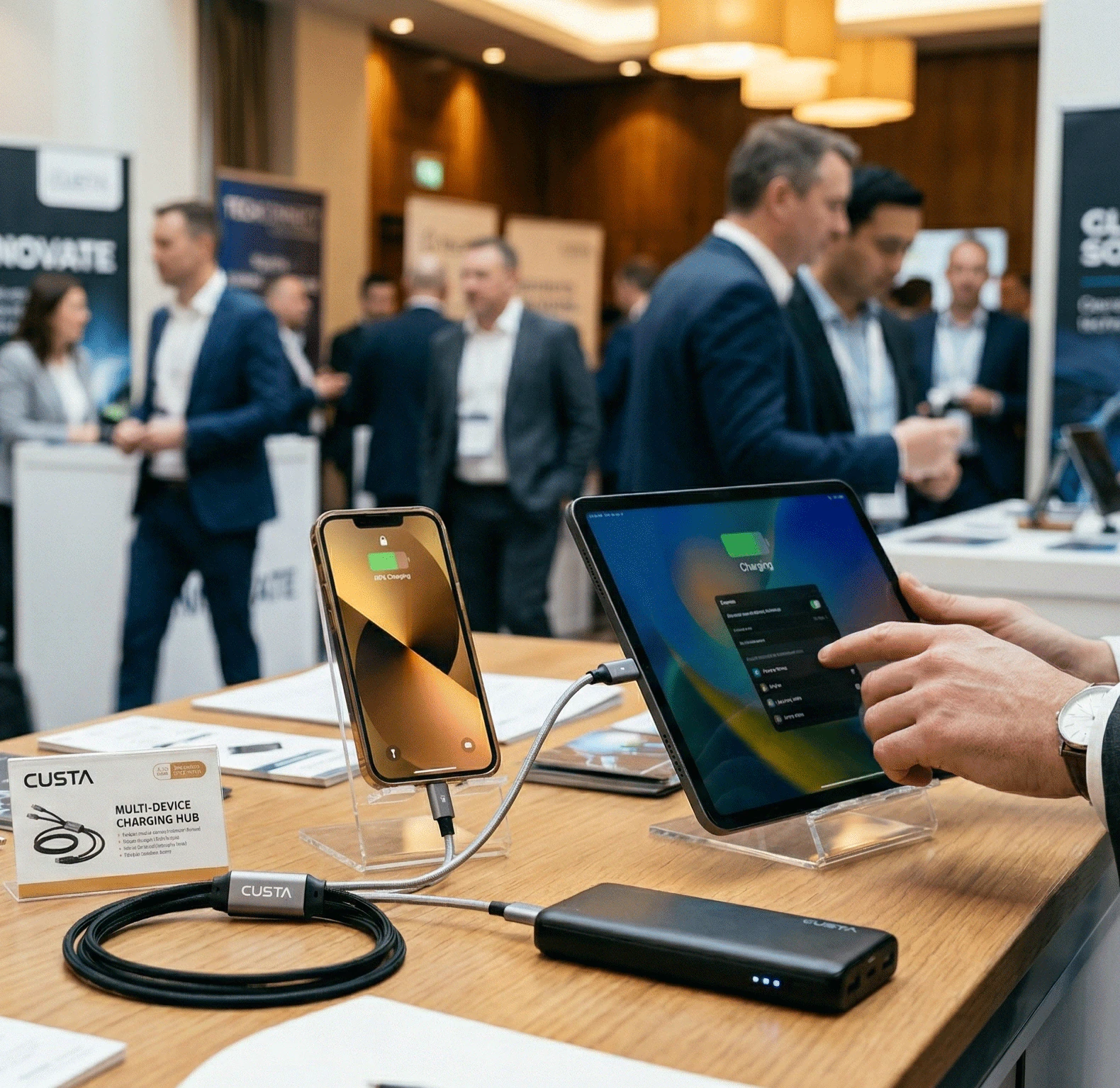 A collection of custom printed cable chargers with company logos — CUSTA Malaysia