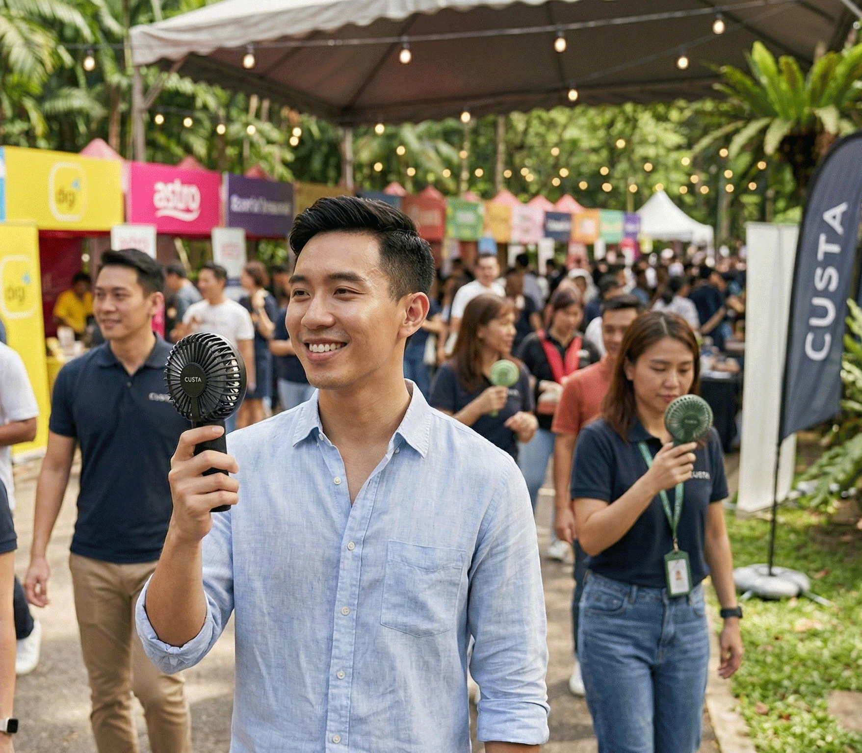 A person using a custom printed portable fan — CUSTA Malaysia