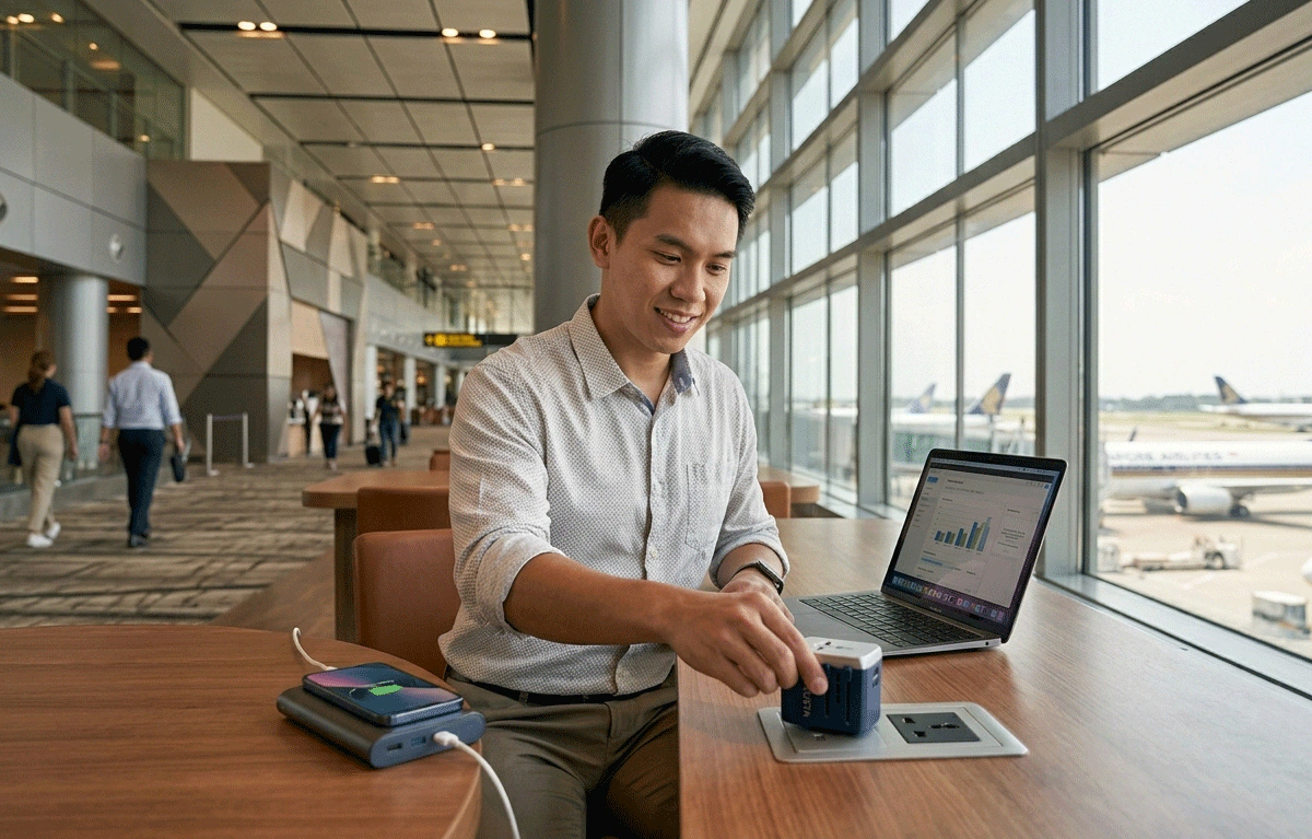 A collection of custom printed universal adapters with multiple plug types — CUSTA Malaysia