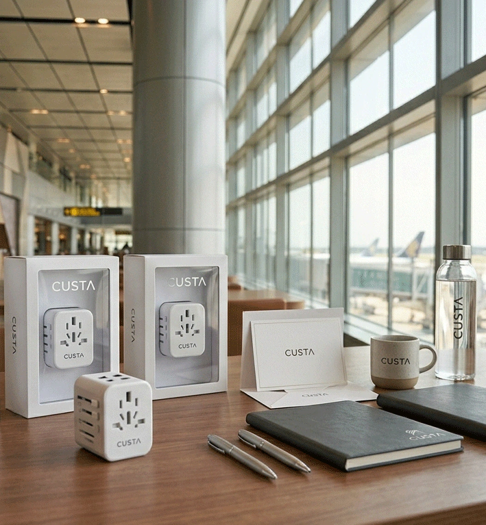 A person using a custom printed universal adapter at an airport — CUSTA Malaysia