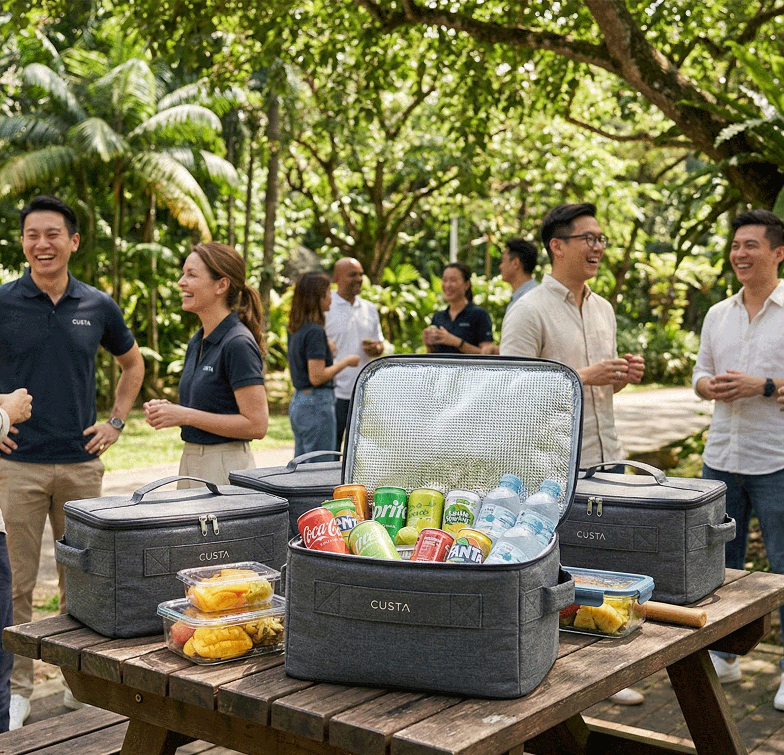 A custom printed cooler bag displaying thermal insulation features — CUSTA Singapore