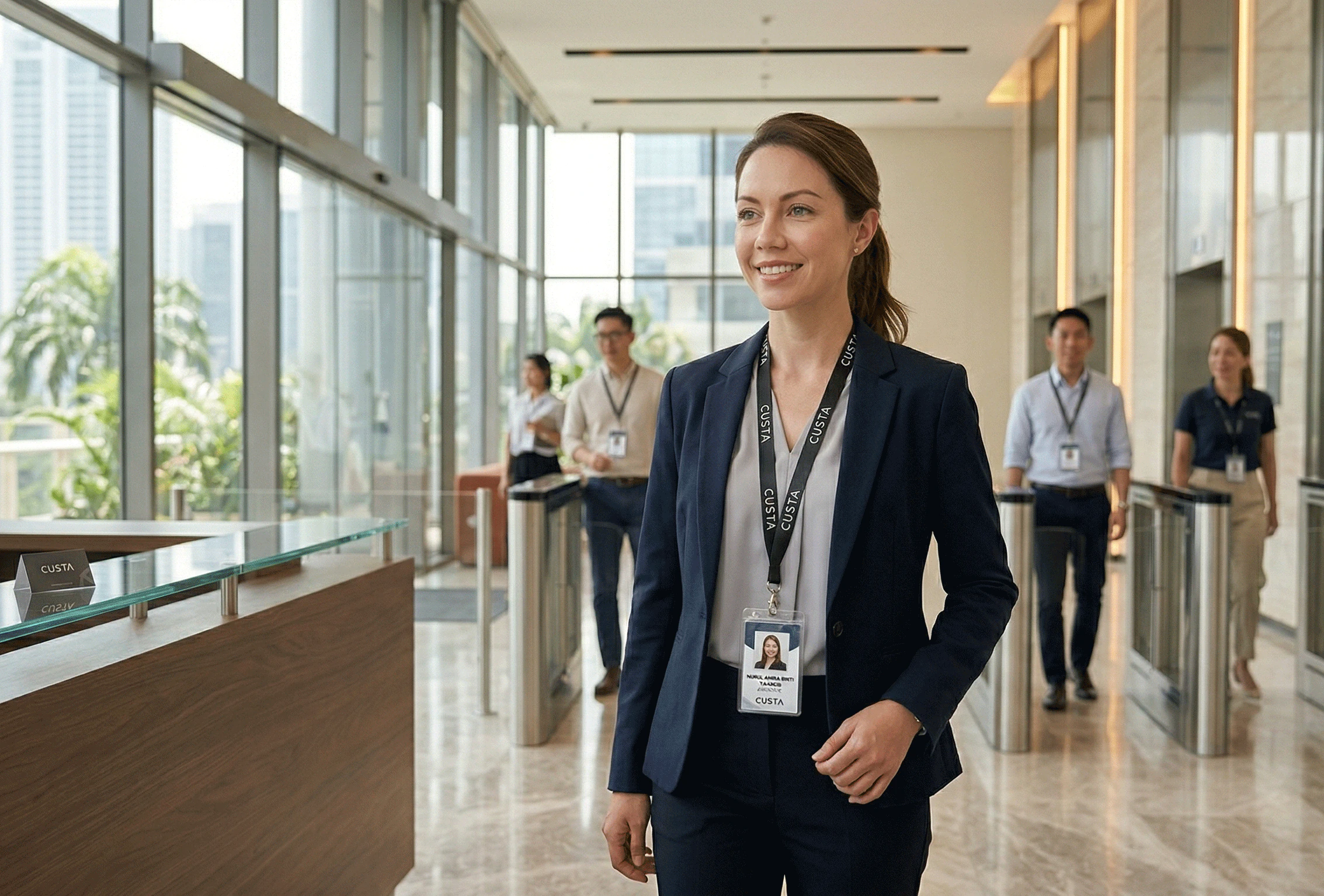 A professional wearing a custom printed ID card holder with lanyard — CUSTA Malaysia