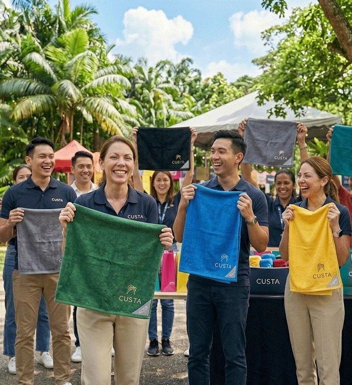 Neatly folded custom printed towels — CUSTA Malaysia