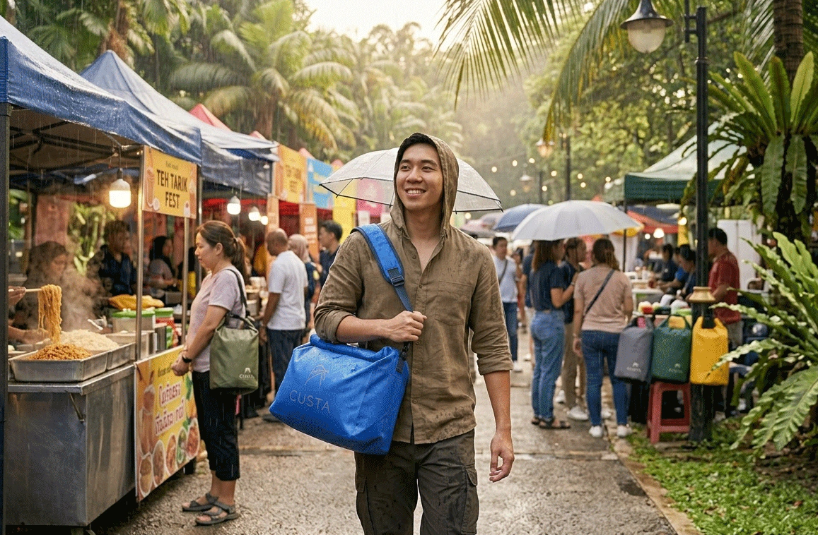 Custom printed waterproof bag keeping essentials dry in tropical rain — CUSTA Singapore