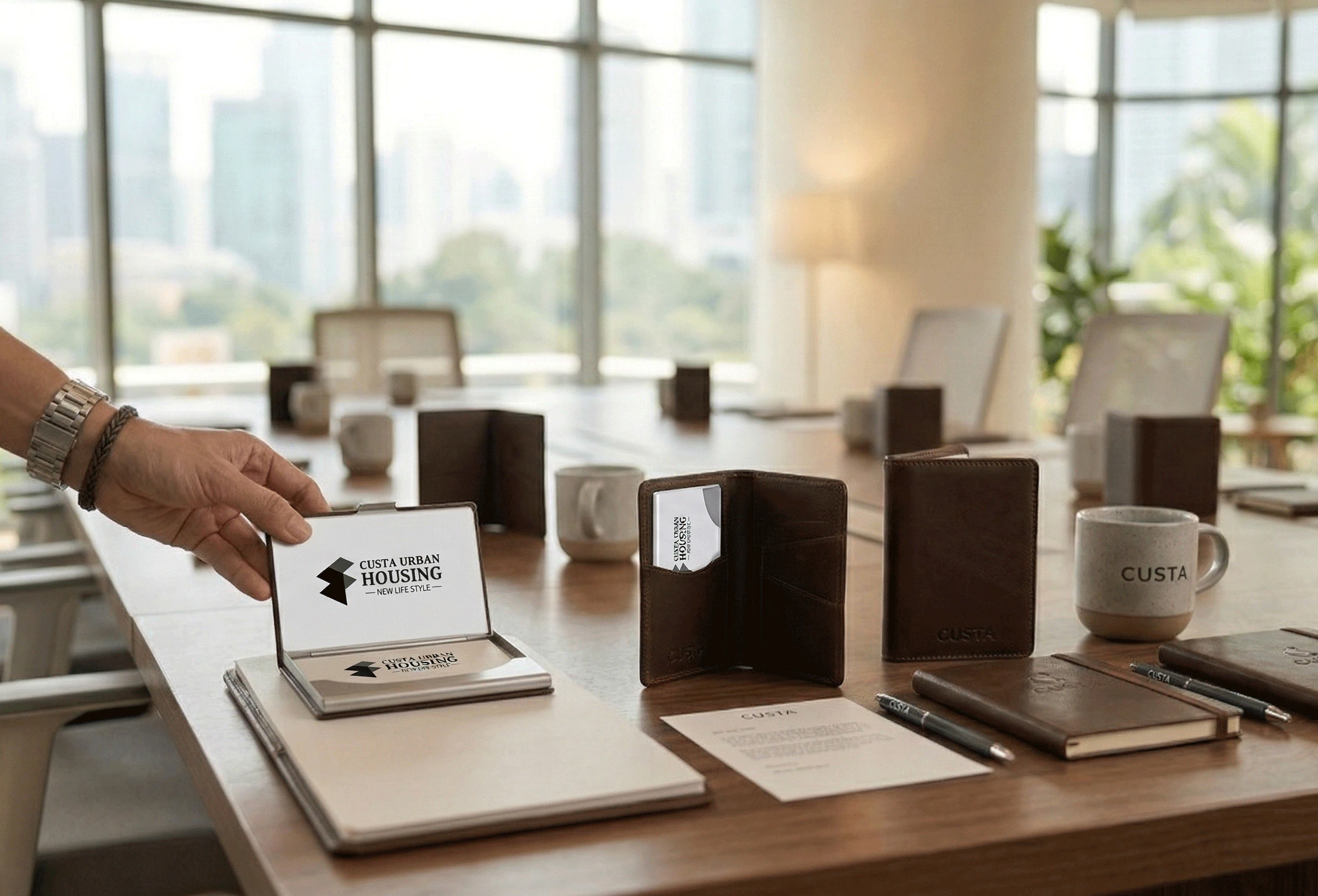 Professional aluminium and PU leather custom name card holders displayed with business cards — CUSTA Malaysia