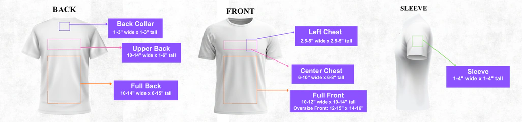 Front, back and sleeve outlines with print zones and size labels