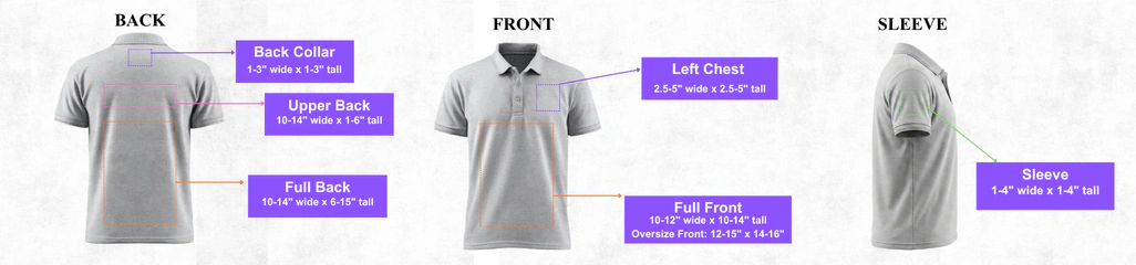 Front, back and sleeve outlines with print zones and size labels