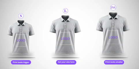 Comparison showing the same logo block on S, L and 2XL shirt outlines